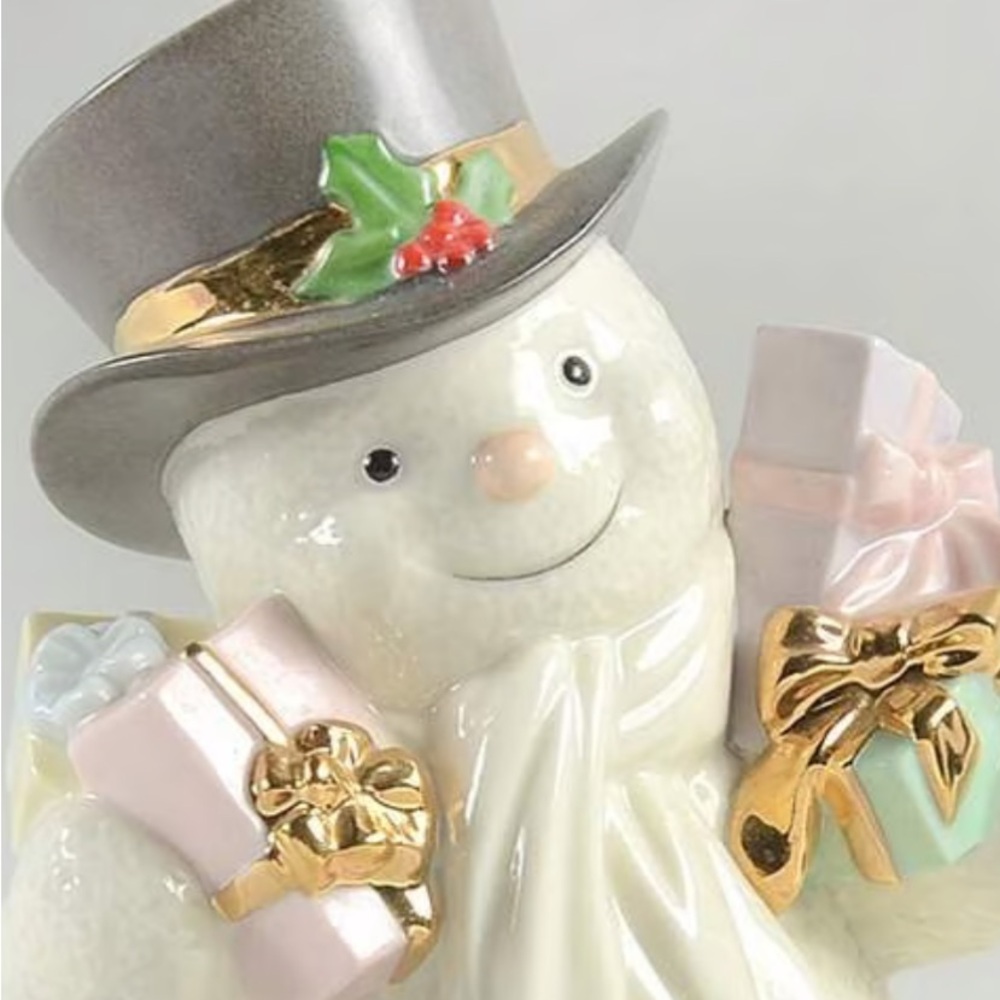 Lenox White Snowman Figurine with Pastel Gifts and Gold Accents